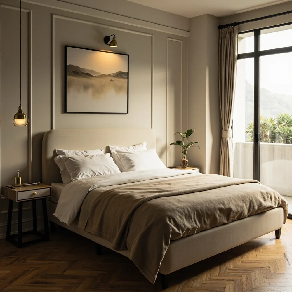 Rangka katil upholsteri gaya Amerika di rumah teres JB