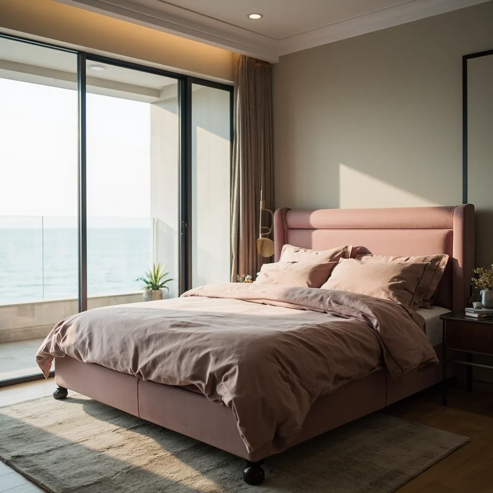 Bed frame my gaya Amerika upholsteri baldu untuk kondominium Pulau Pinang