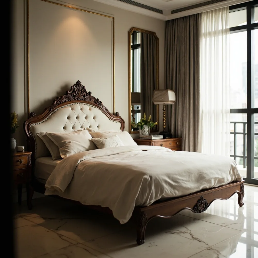 Rangka katil mewah gaya Perancis kayu mahogany dalam bilik master kondominium Kuala Lumpur dengan cahaya pagi