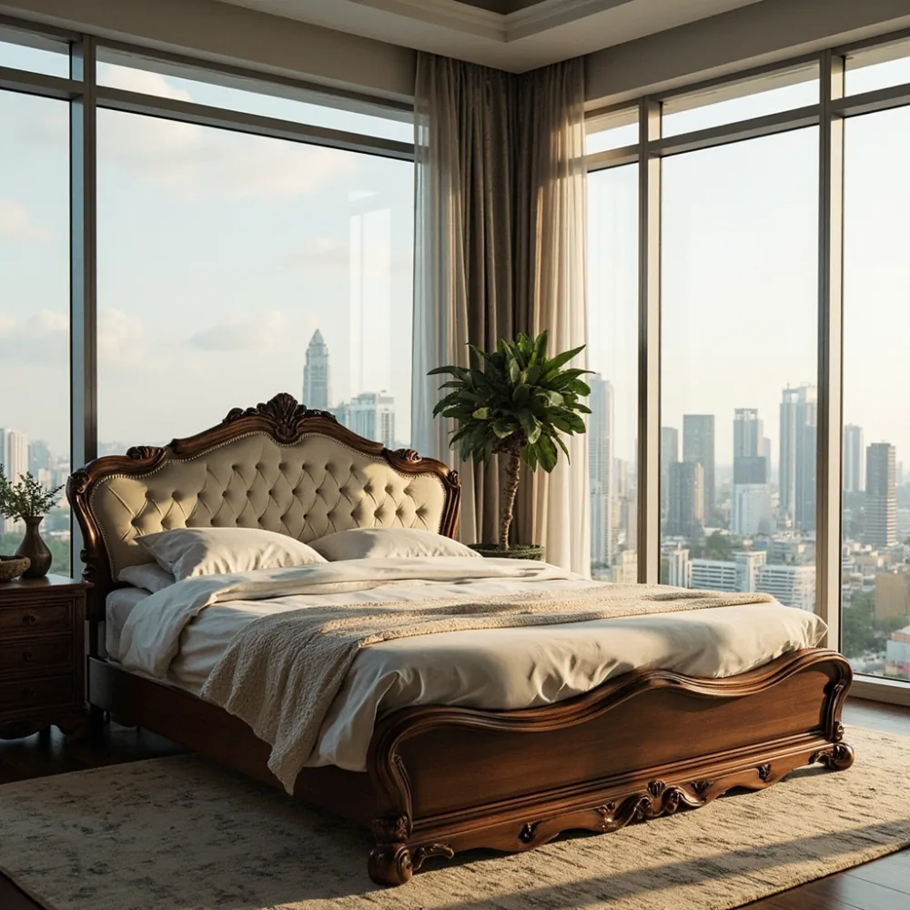 Rangka katil kayu pepejal gaya Perancis di bilik condominium Kuala Lumpur dengan cahaya semula jadi