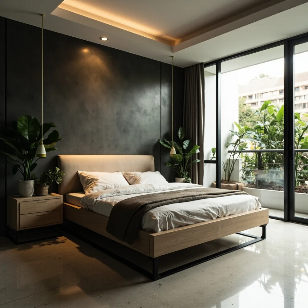 Rangka katil postmoden kayu oak dan logam hitam matte di rumah teres Pulau Pinang