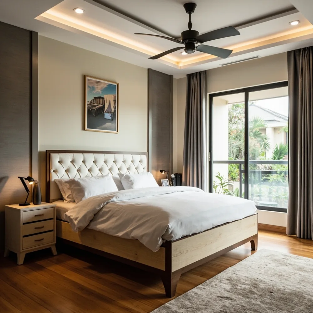 Rangka katil kayu pepejal gaya Amerika 183 cm x 198 cm dalam oak putih dengan upholsteri butang Chesterfield di rumah teres Johor Bahru.
