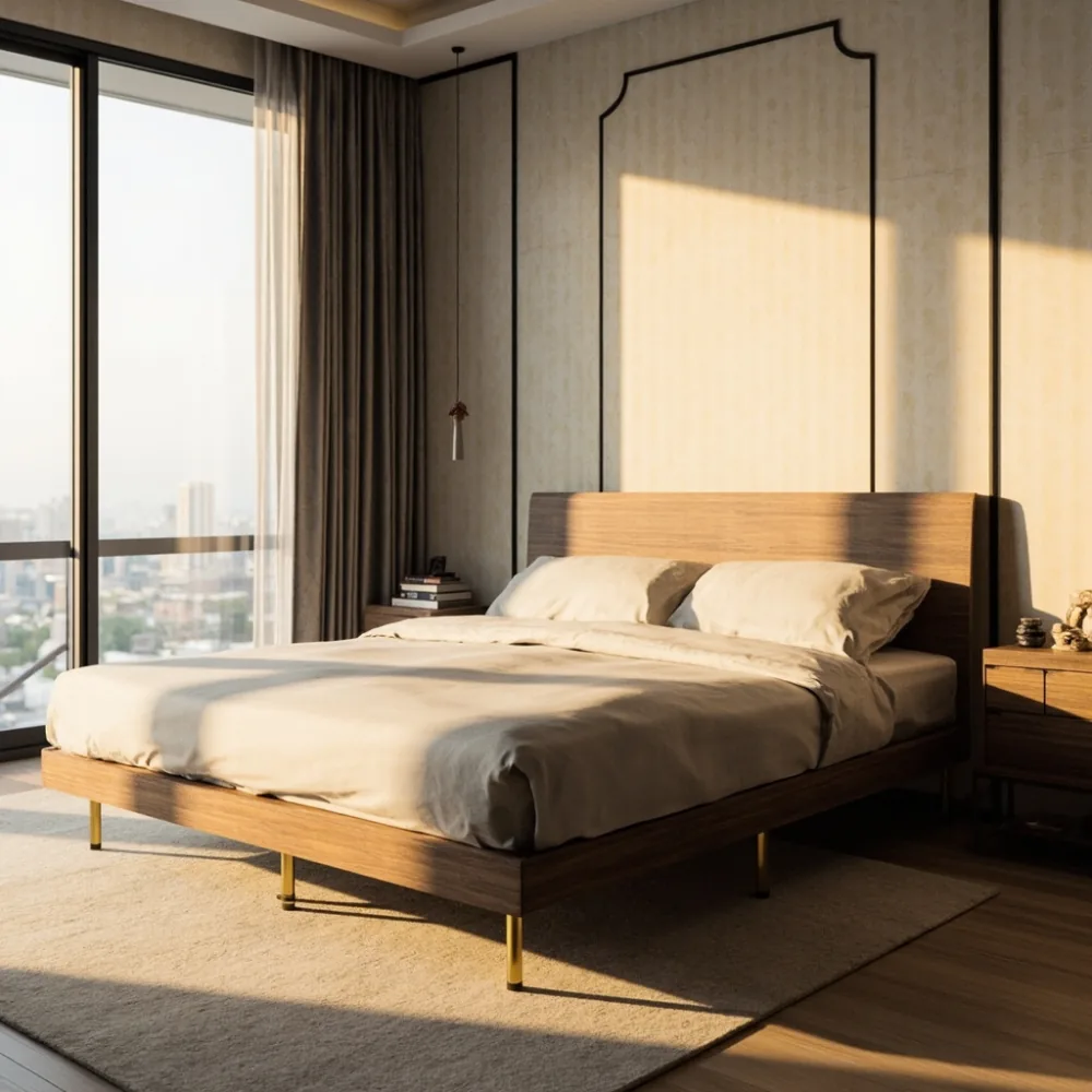 Rangka katil postmoden mewah 200 cm x 200 cm dalam walnut eksotik dengan kaki logam emas matte di kondominium Pulau Pinang.