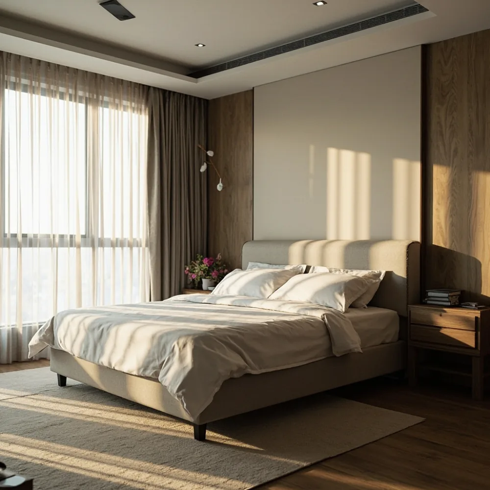 Rangka katil Amerika kontemporari upholsteri linen 198 cm dalam bilik utama rumah teres dua tingkat di Johor Bahru dengan meja sisi walnut