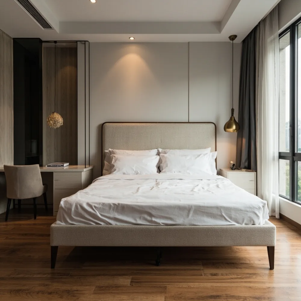 Rangka katil gaya Amerika kontemporari dengan upholsteri boucle dalam suite kondominium Kuala Lumpur
