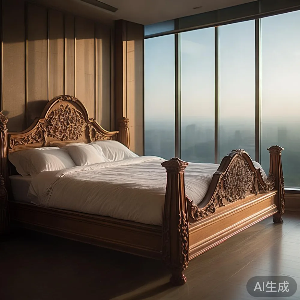 Rangka katil kayu pepejal gaya Perancis dengan ukiran bunga di bilik tidur kondo Kuala Lumpur