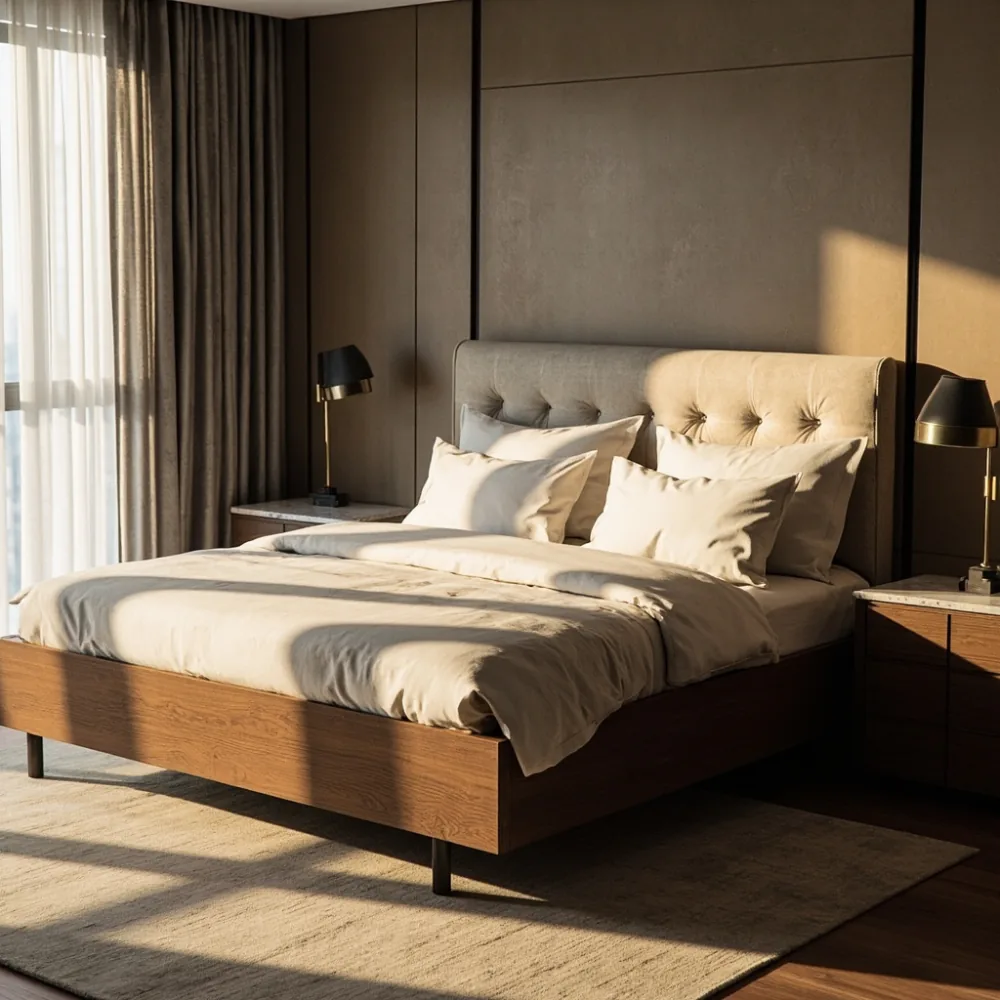 Rangka katil mewah postmoden walnut padat dengan kepala upholsteri linen champagne dalam bilik utama kondominium Kuala Lumpur