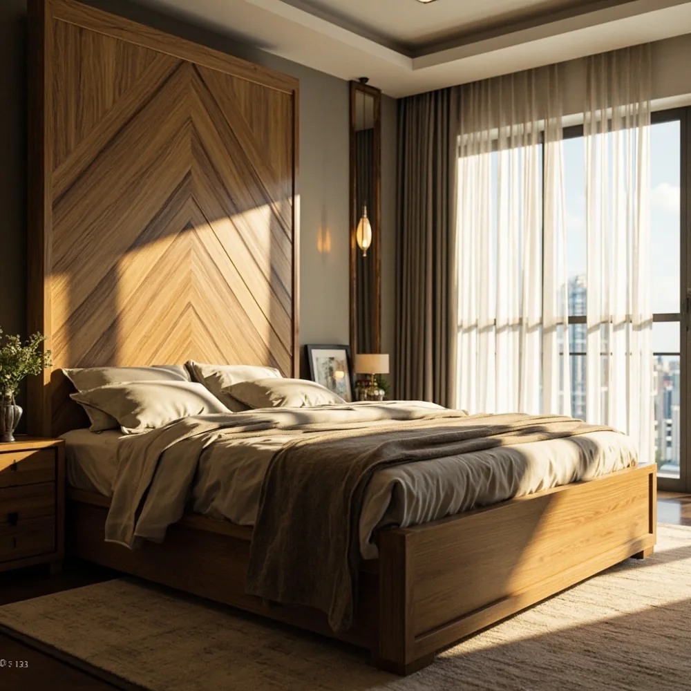 Rangka katil oak pepejal Art-Deco dengan papan kepala ukiran chevron di bilik utama kondominium Kuala Lumpur