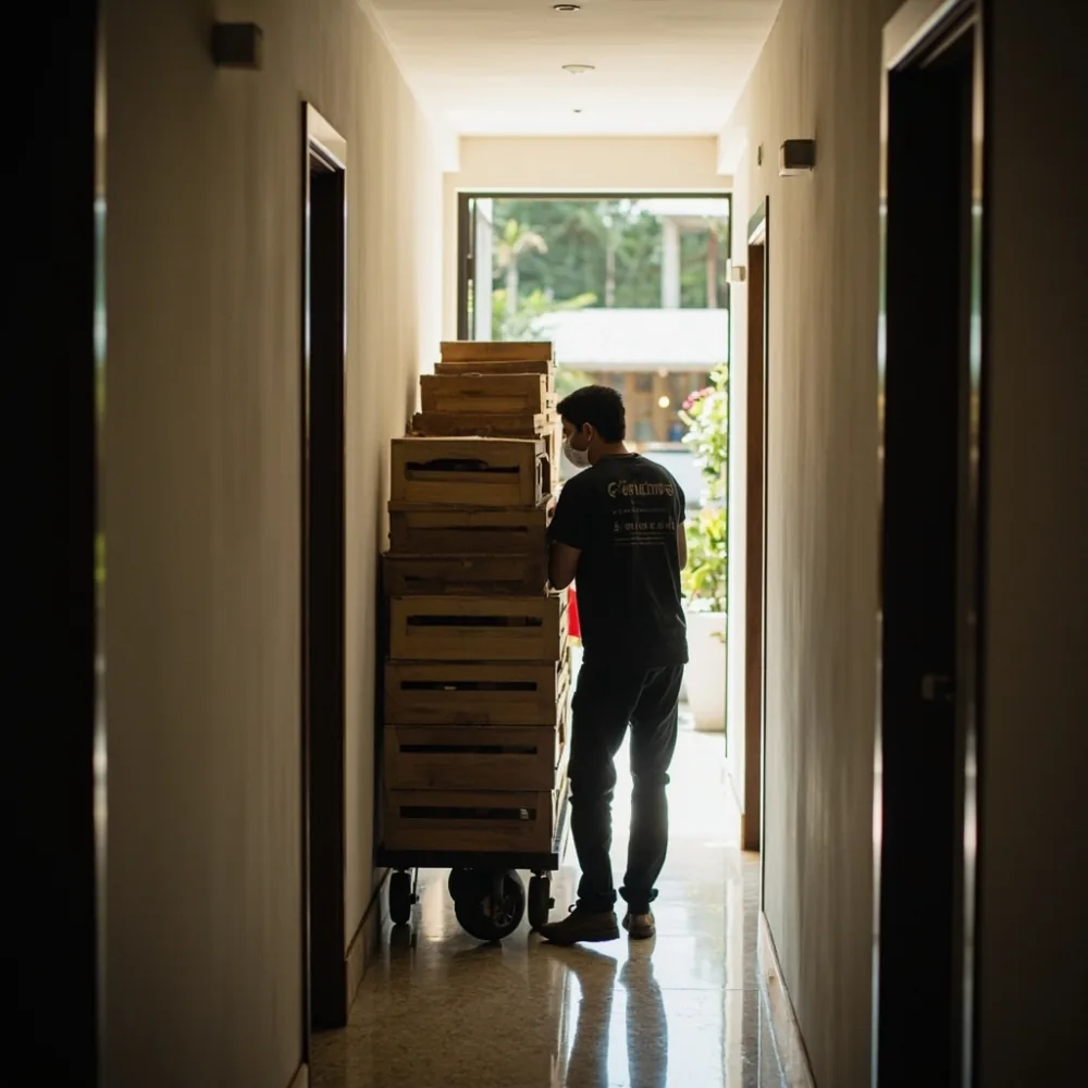 Modul flat-pack walnut pepejal diangkut melalui koridor kondominium sempit di Johor Bahru untuk pemasangan katil King