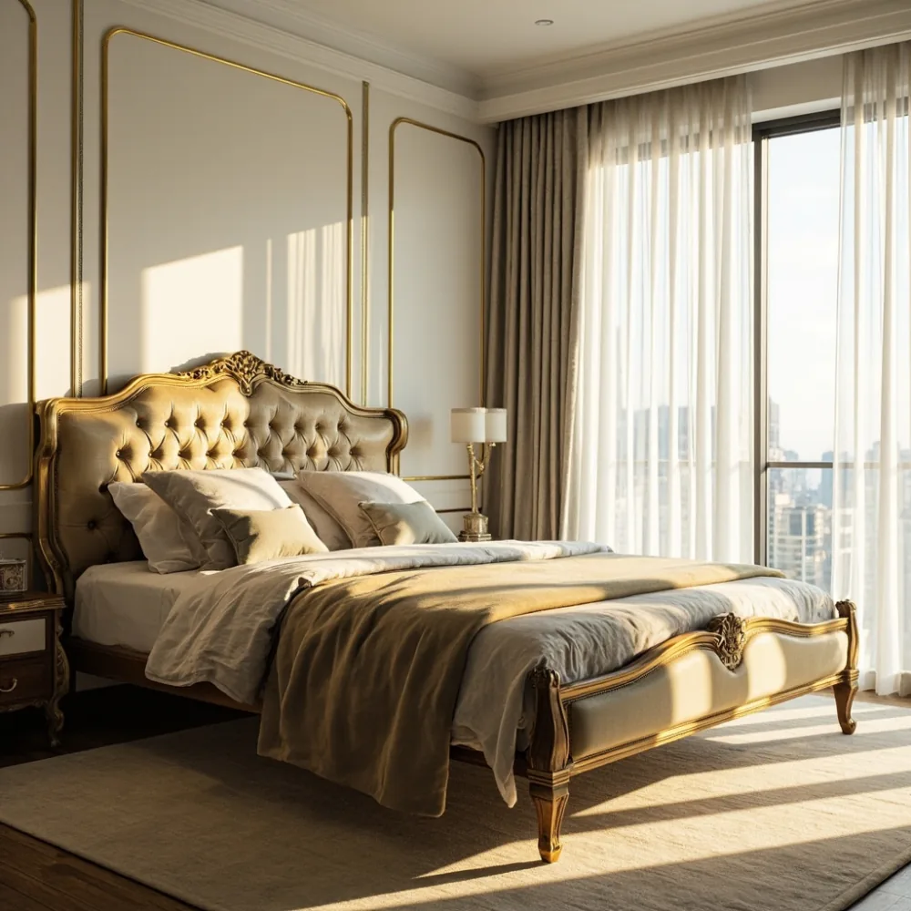 Rangka katil kayu pepejal neoklasik dengan upholsteri emas champagne dalam bilik kondominium mewah