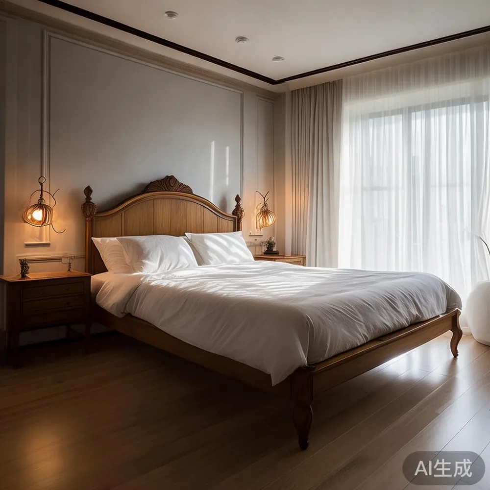 Rangka katil kayu pepejal gaya Perancis dalam bilik tidur kondominium sempit