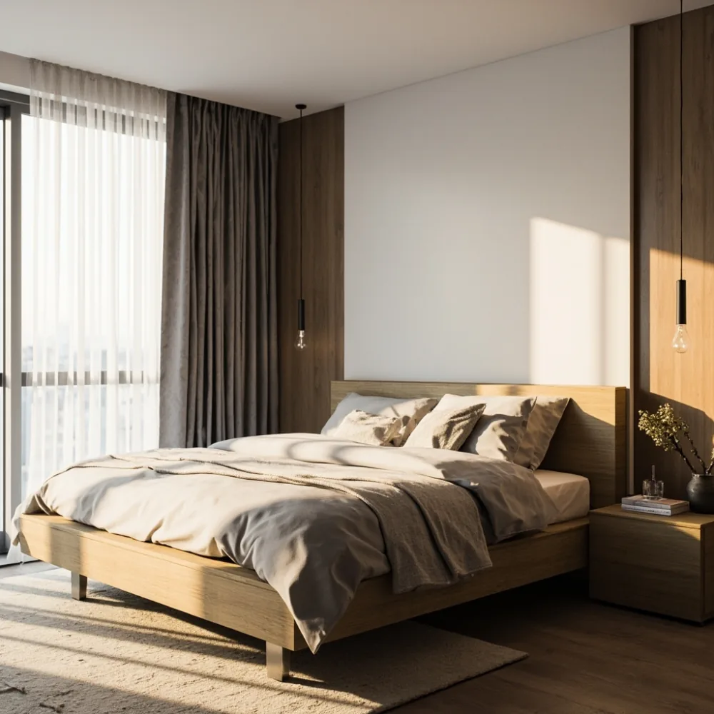 Rangka katil postmoden dengan bahan campuran dalam bilik tidur apartmen minimalis