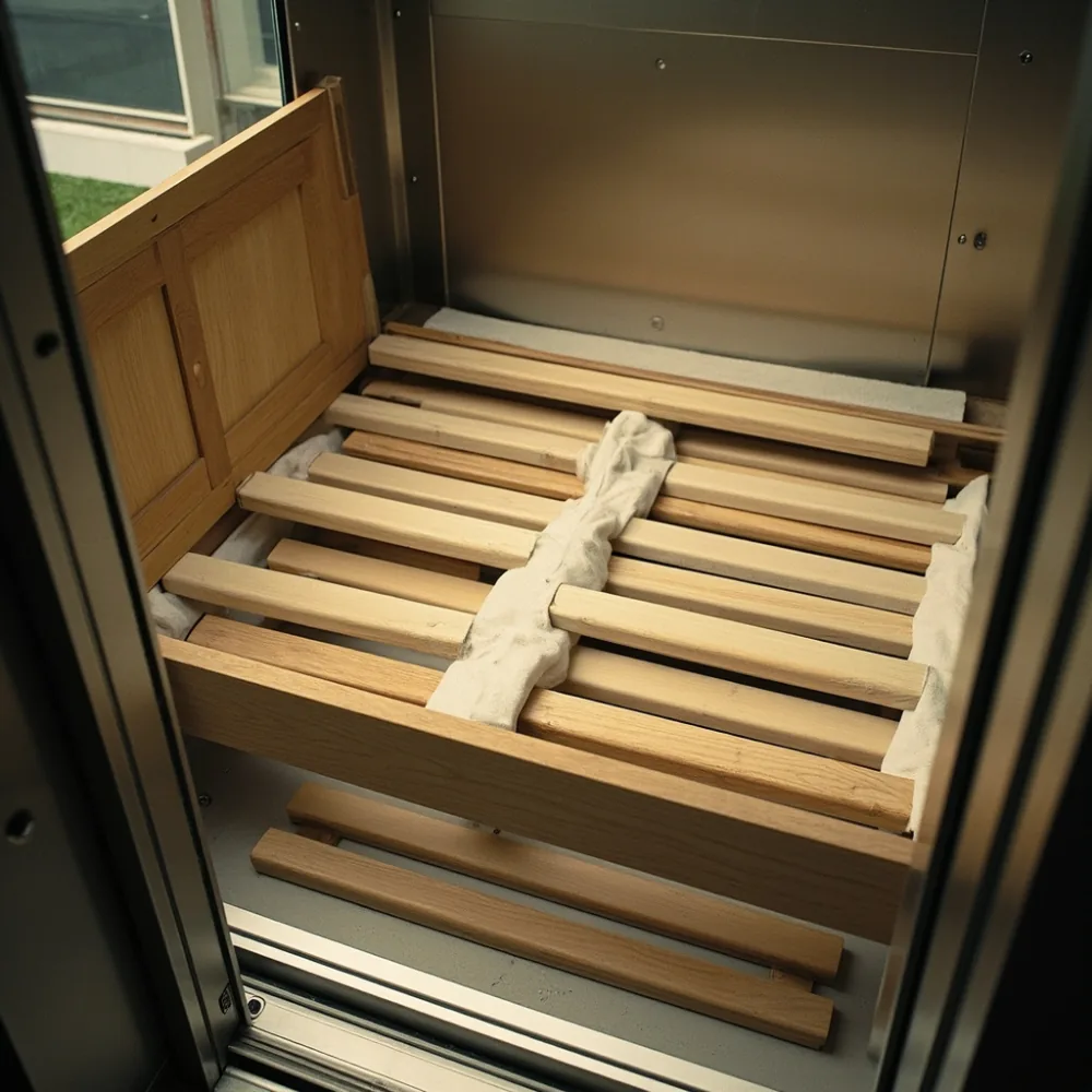 Komponen modular rangka katil kayu oak pepejal di dalam lif servis kondominium Malaysia