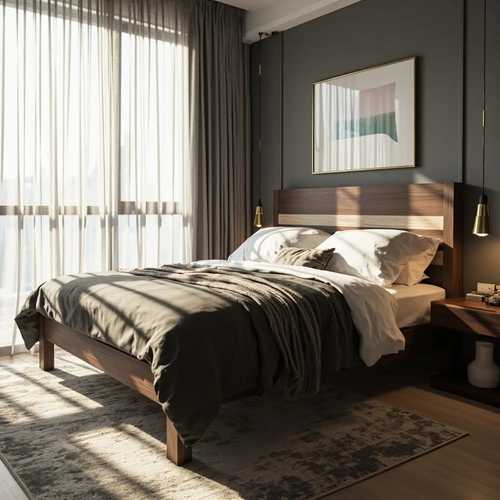 Rangka katil pasca-moden kayu walnut dan oak putih dalam bilik tidur kondominium KL