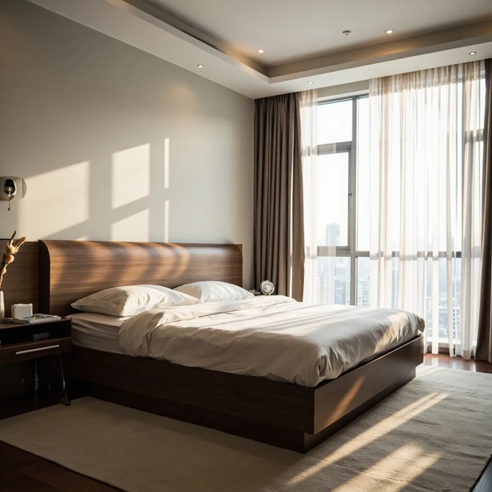 Rangka katil walnut mewah gaya Amerika-Modern dalam bilik kondominium Kuala Lumpur
