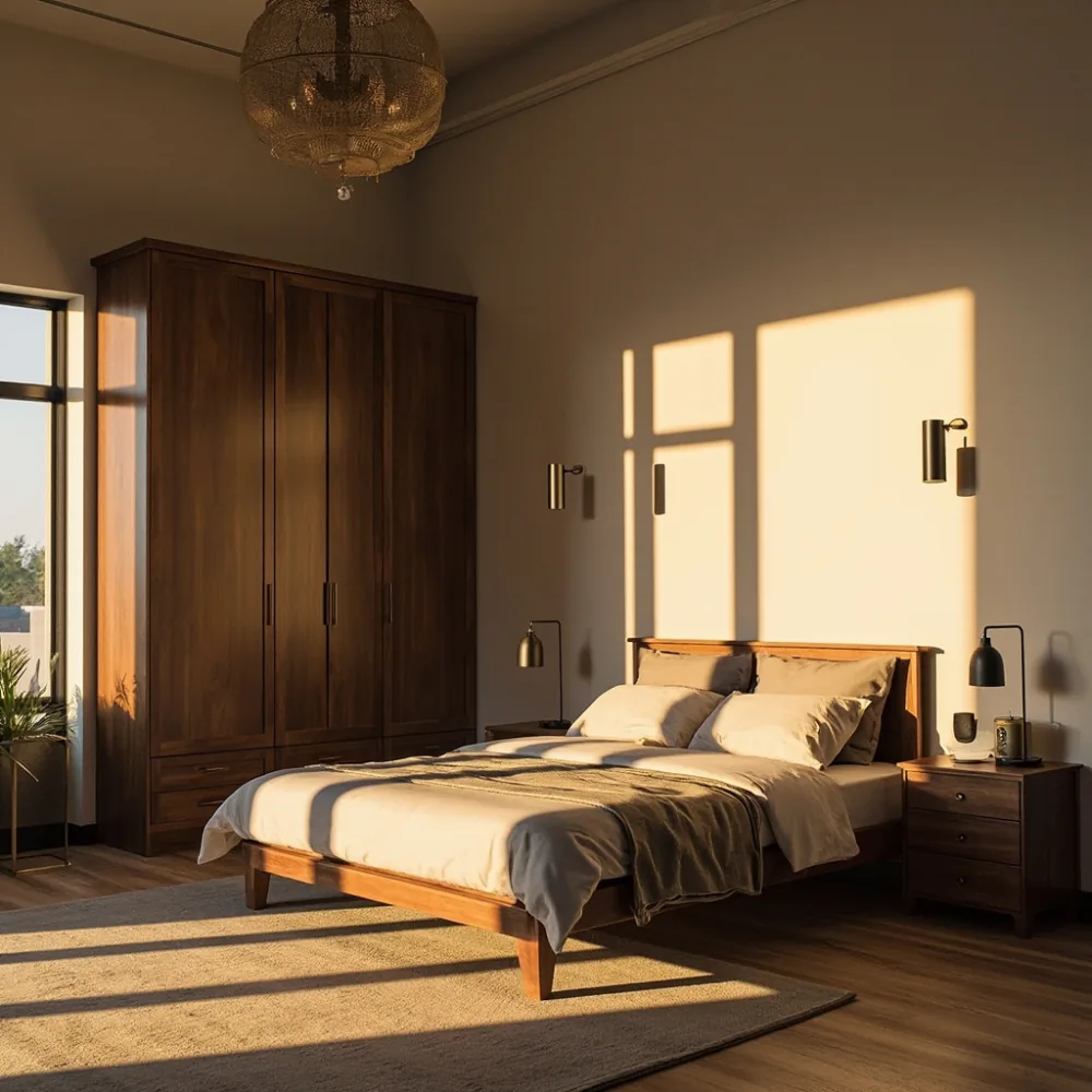 Set bilik tidur lengkap walnut merangkumi katil, almari dan meja sisi di teres Pulau Pinang