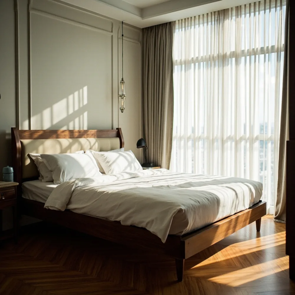 Rangka katil kayu walnut Art-Nouveau dalam bilik kondominium Kuala Lumpur dengan cahaya pagi