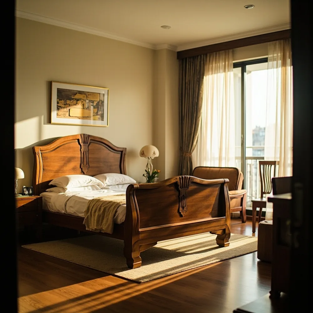 Set ruang tamu gaya Art-Nouveau walnut dengan sofa, meja makan bulat dan rangka katil di kondominium Johor Bahru