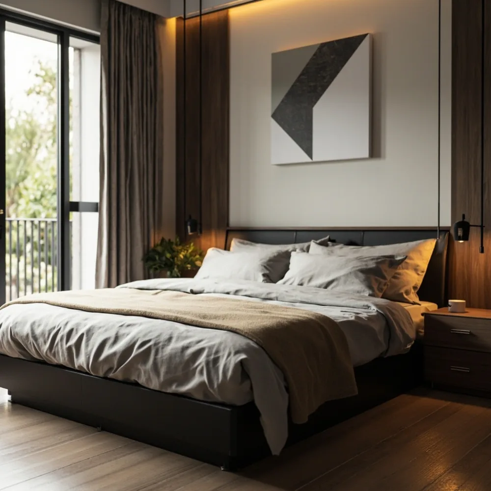 Rangka katil walnut hitam queen size gaya pasca-moden di bilik utama teres Johor Bahru dengan linen kelabu
