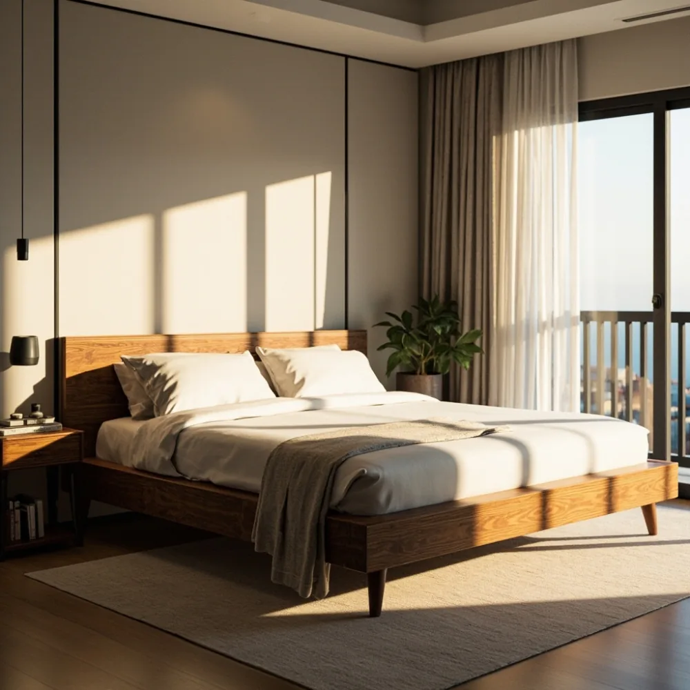 Rangka katil solid wood gaya Amerika-Kontemporari dalam bilik kondominium tropika Malaysia dengan upholsteri linen taupe dan pencahayaan semula jadi