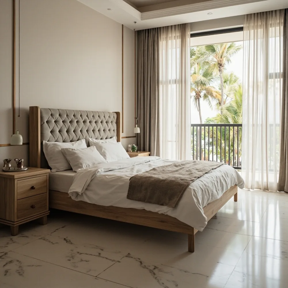 Rangka katil King saiz solid wood oak dengan headboard quilted dan pandangan balkoni tropika Malaysia
