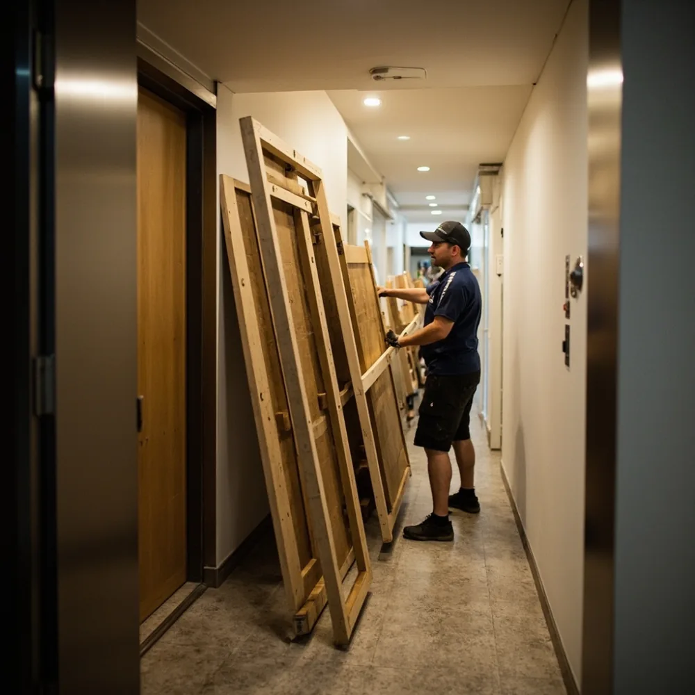 Proses penghantaran komponen bed frame my ke lif sempit kondominium Kuala Lumpur oleh pemasang profesional
