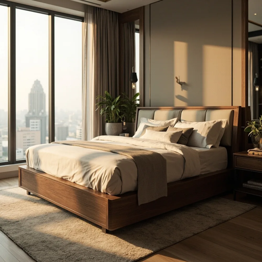 Rangka katil mewah gaya Eropah-Modern dalam kemasan walnut di ruang tidur kondominium Kuala Lumpur.