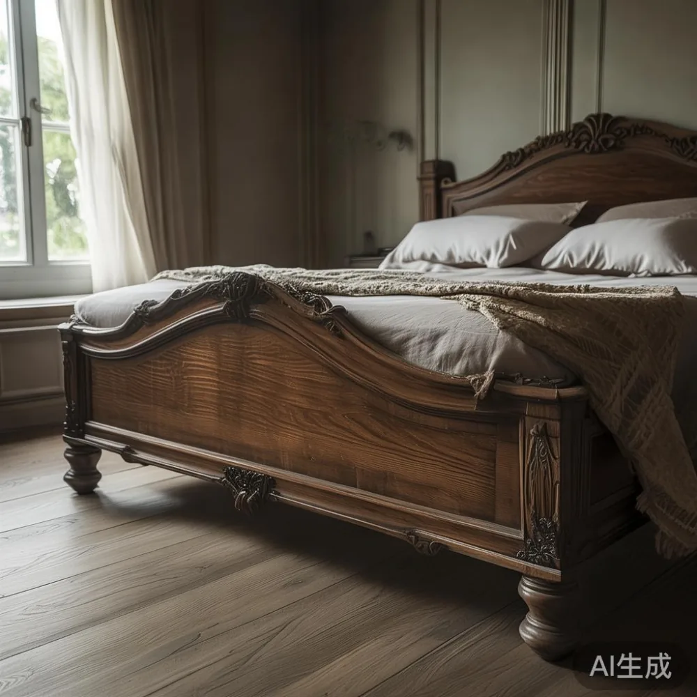 Rangka katil kayu pepejal gaya Perancis dalam bilik tidur kondominium Kuala Lumpur
