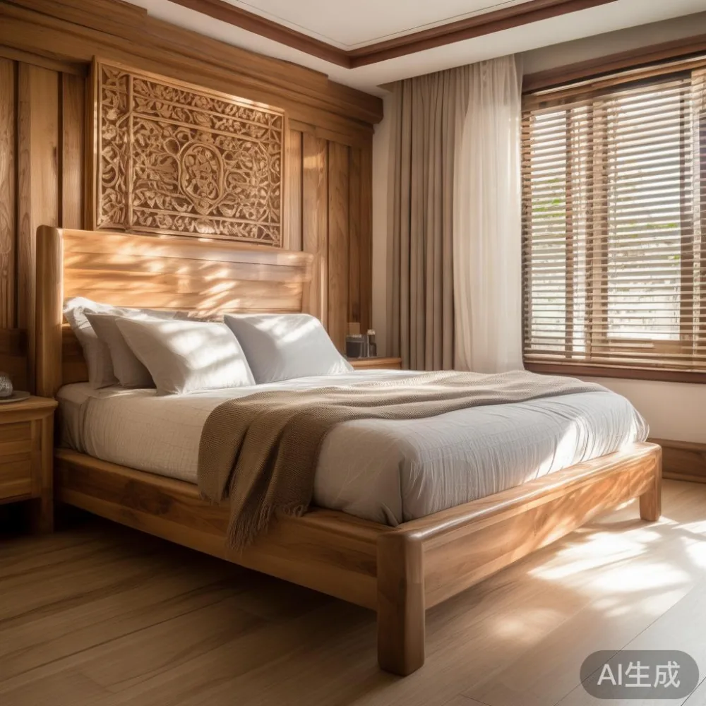 Rangka katil king kayu oak gaya Amerika di bilik utama rumah teres Johor Bahru dengan ruang legar 60 cm.