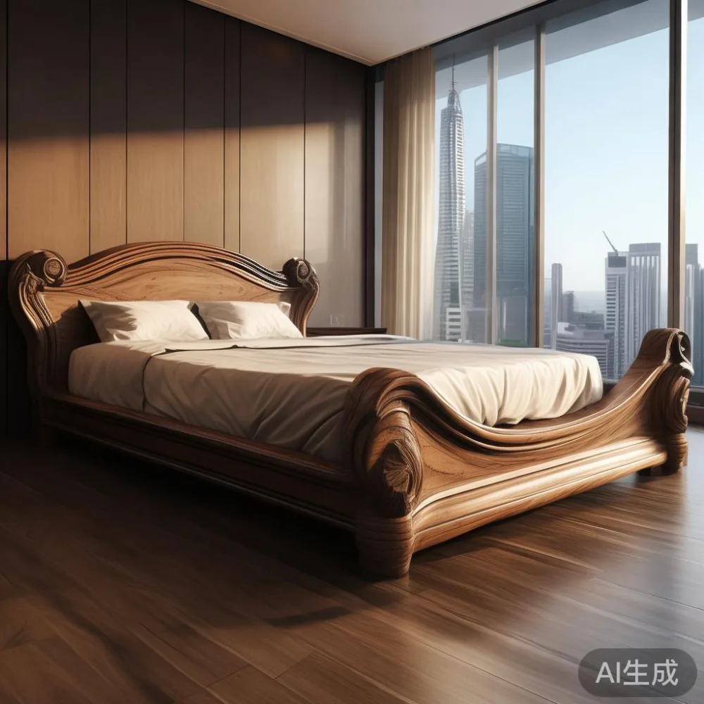 Gambar frame tempat tidur kayu mewah di apartemen moden di KL