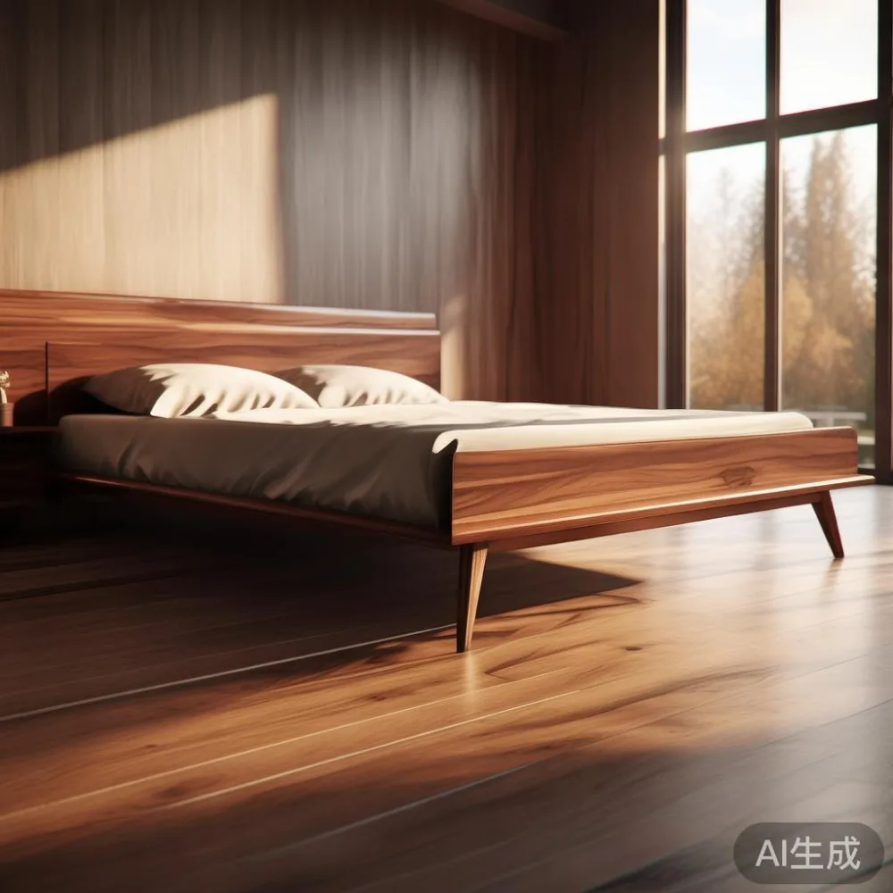 Gambar bed frame mewah Mid-century modern dengan struktur kayu pepejal di bilik tidur modern