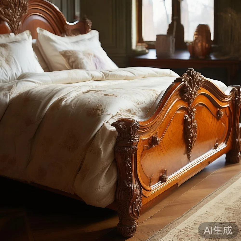 Gambar bed frame mewah gaya Perancis dengan lukisan yang rumit di bilik tidur yang mewah