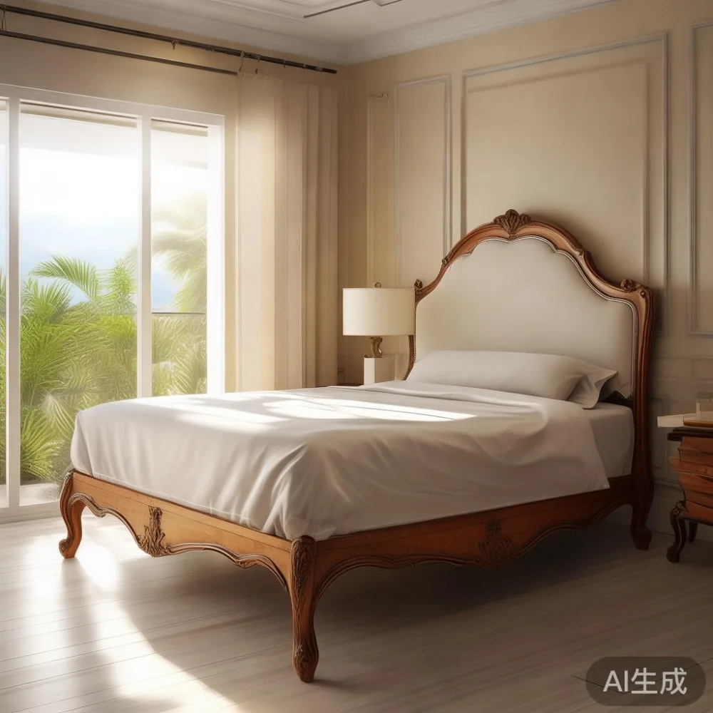 Rangka katil kayu pepejal gaya Perancis dengan papan kepala tinggi di dalam bilik tidur kondominium tropika.