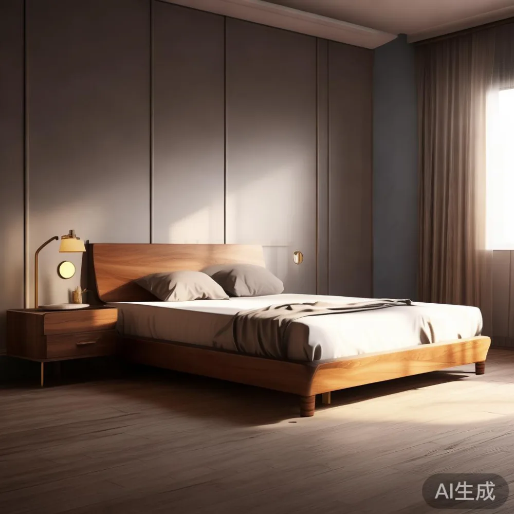 Bed frame gaya Amerika dengan meja sisi yang sepadan dan pencahayaan elegan