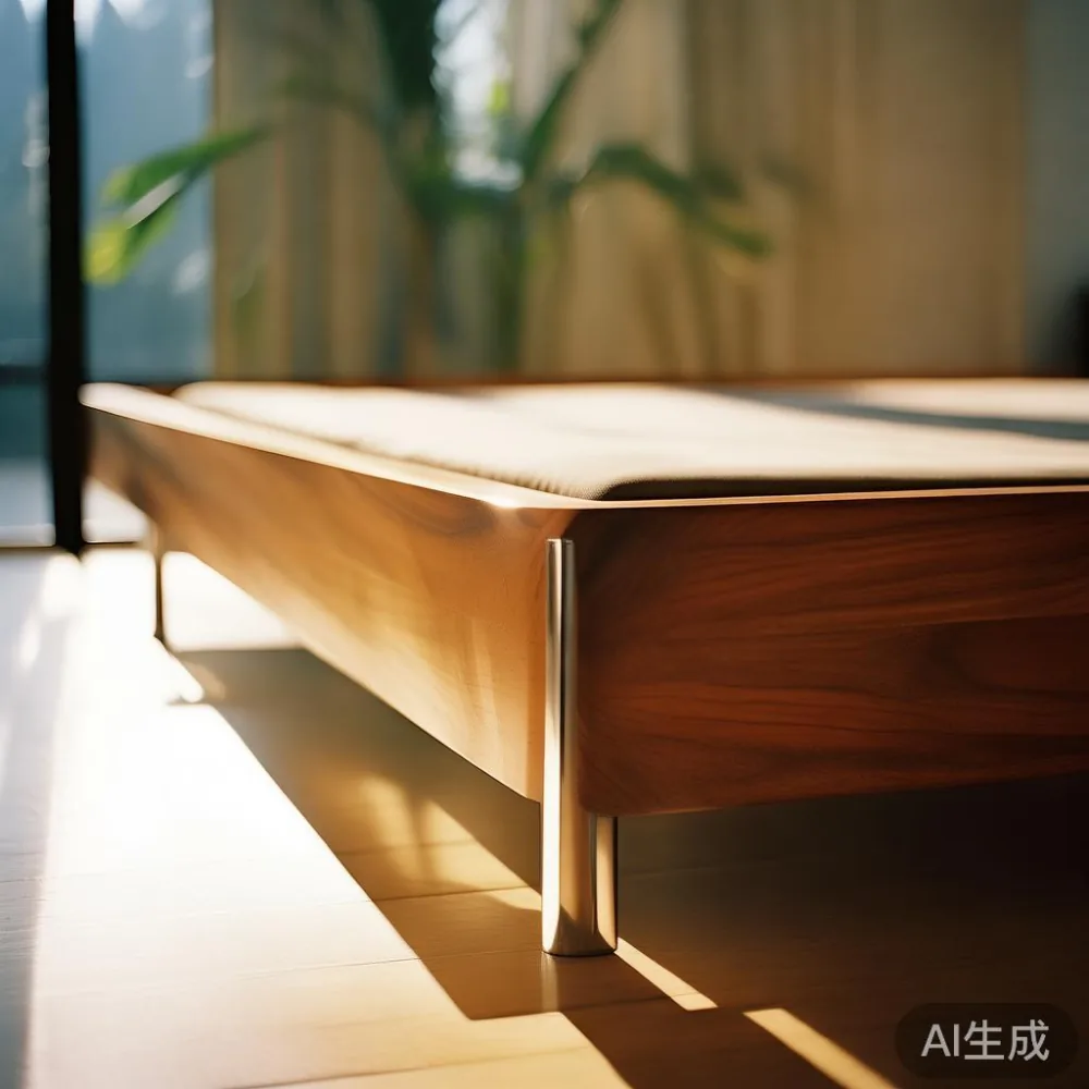 Bed frame post‑moden kayu dengan kaki logam ramping dalam apartmen tropika