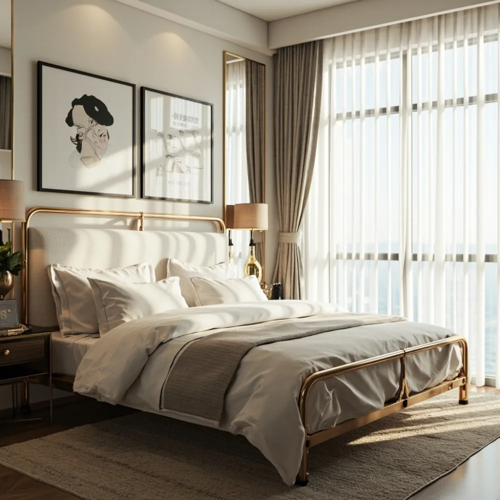 Rangka katil postmoden logam emas mawar dengan headboard boucle di kondominium Pulau Pinang