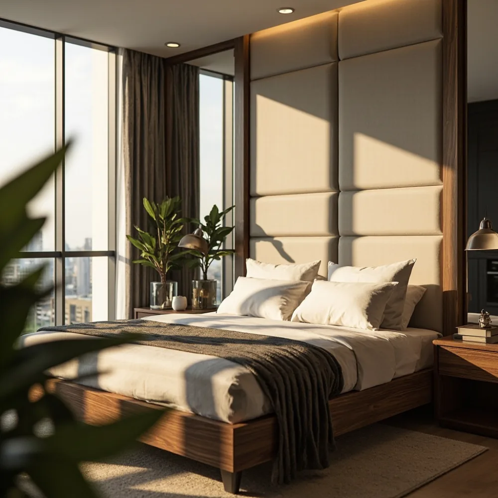 Rangka katil mewah walnut di bilik kondominium Kuala Lumpur dengan pencahayaan semula jadi petang