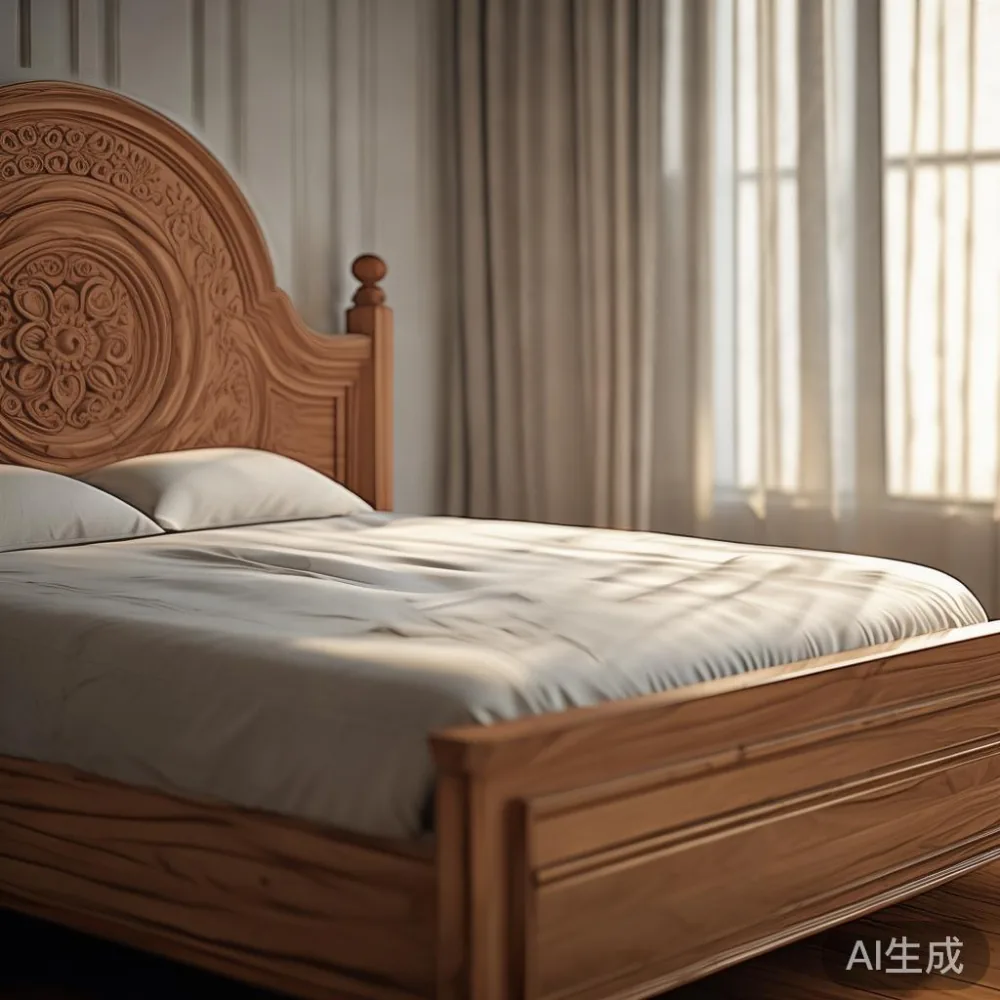Rangka katil kayu pepejal dengan kepala katil berukir di bilik tidur kondominium Kuala Lumpur