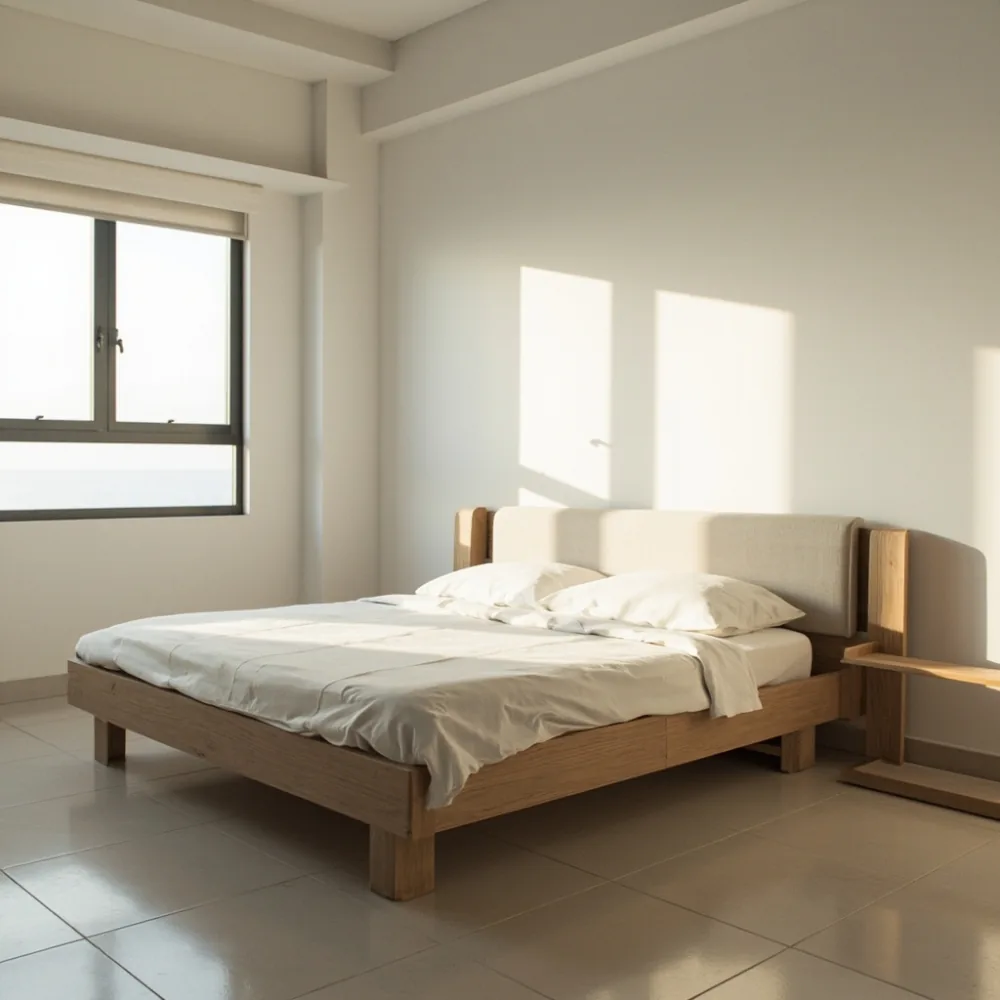 Rangka katil Perancis moden kayu oak putih dengan headboard linen di bilik tidur utama teres Pulau Pinang