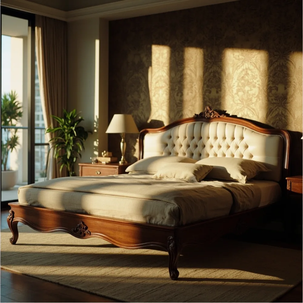 Rangka katil mewah gaya Perancis dengan kepala katil ukiran dan upholsteri linen, pencahayaan pagi di kondominium tropika