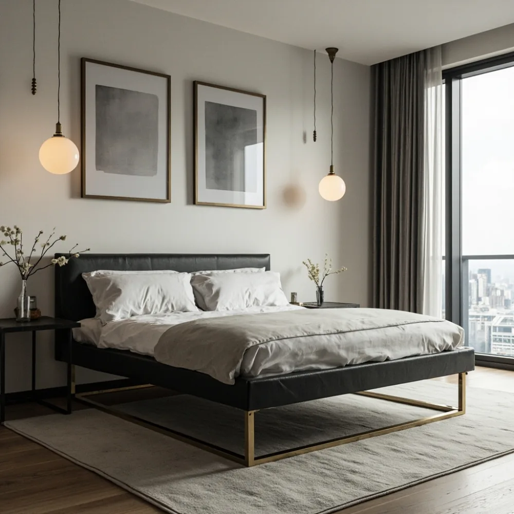 Rangka katil mewah postmoden geometri kayu walnut dengan kaki loyang matte, ruang kondominium moden Kuala Lumpur