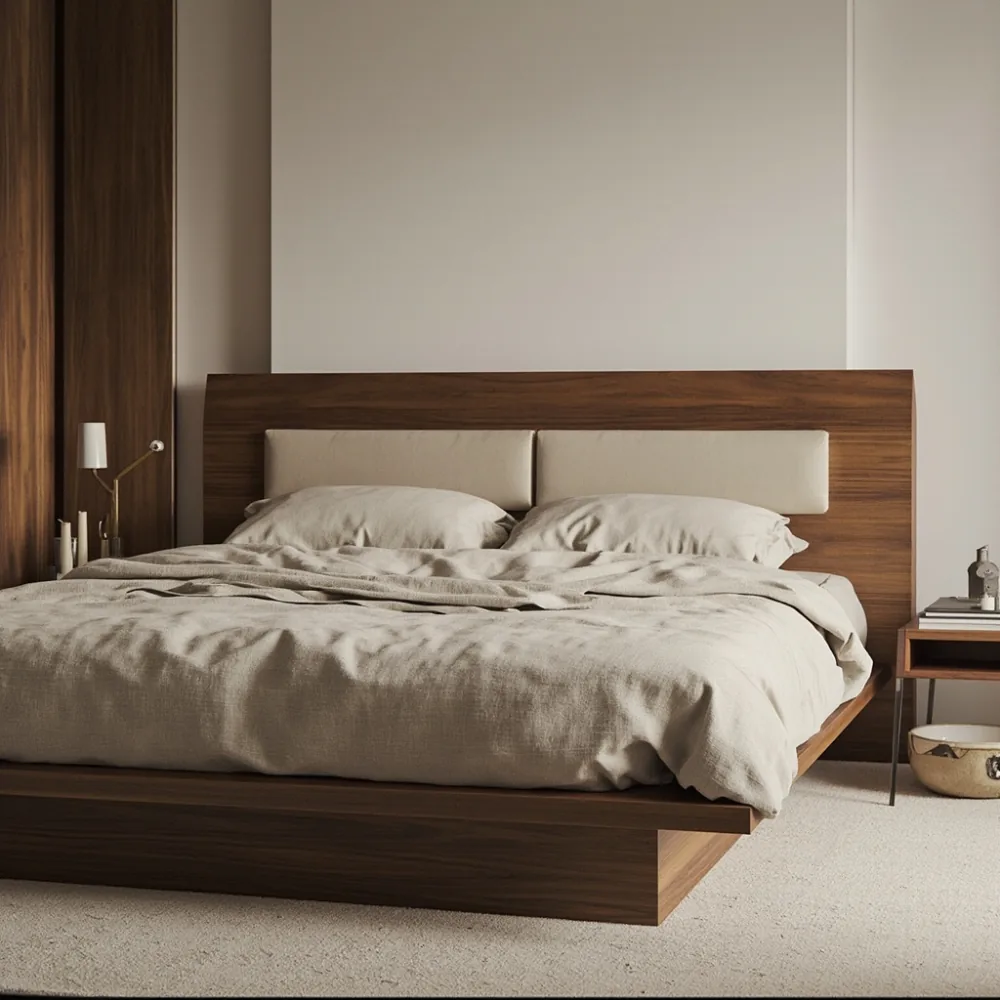 Rangka katil pasca-moden walnut hitam di bilik minimalis kondominium Johor Bahru