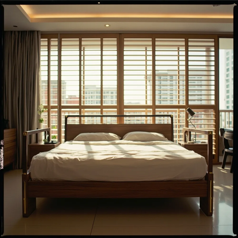 Rangka katil walnut king dengan aksen emas untuk teres moden Pulau Pinang