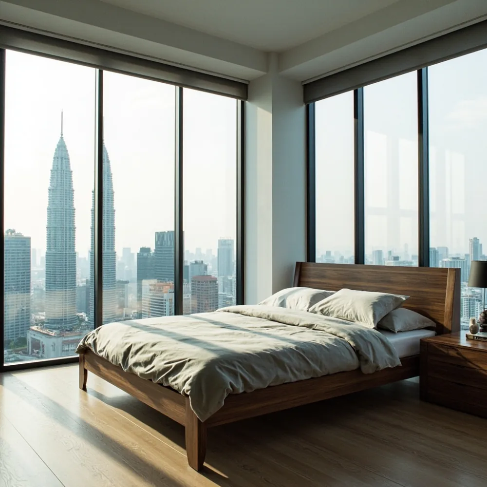 Rangka katil mewah kayu ash walnut di kondominium tinggi KL dengan pemandangan Petronas