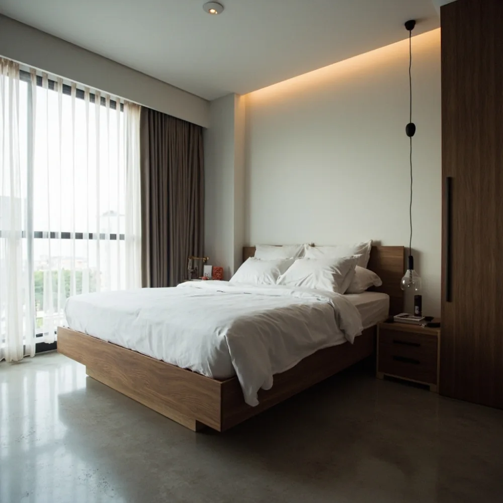 Rangka katil postmoden walnut platform rendah di kondominium Johor Bahru dengan lantai konkrit minimalis
