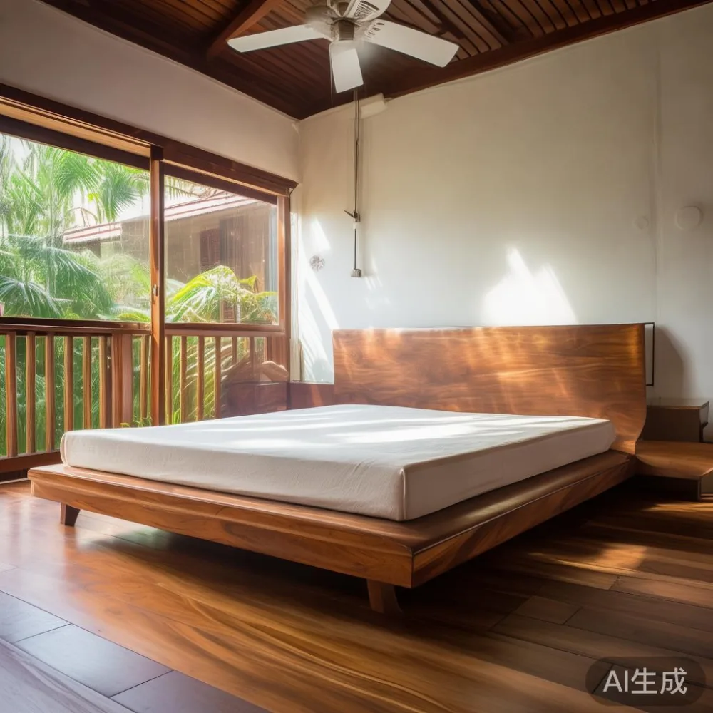 Rangka katil postmoden kayu pepejal berprofil rendah dalam bilik tidur teres tropika di Malaysia.