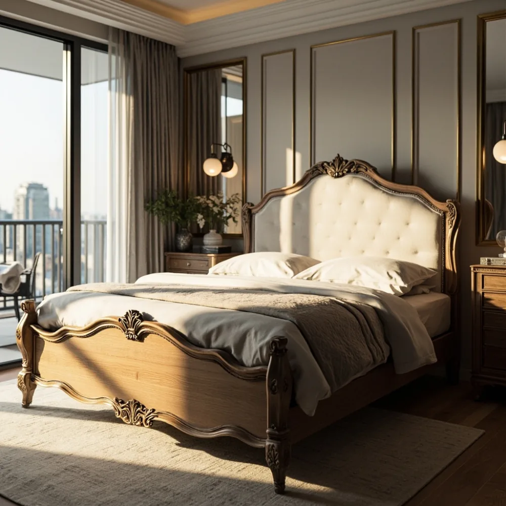 Rangka katil mewah gaya Perancis upholsteri linen di kondominium Mont Kiara dengan cahaya pagi tropika