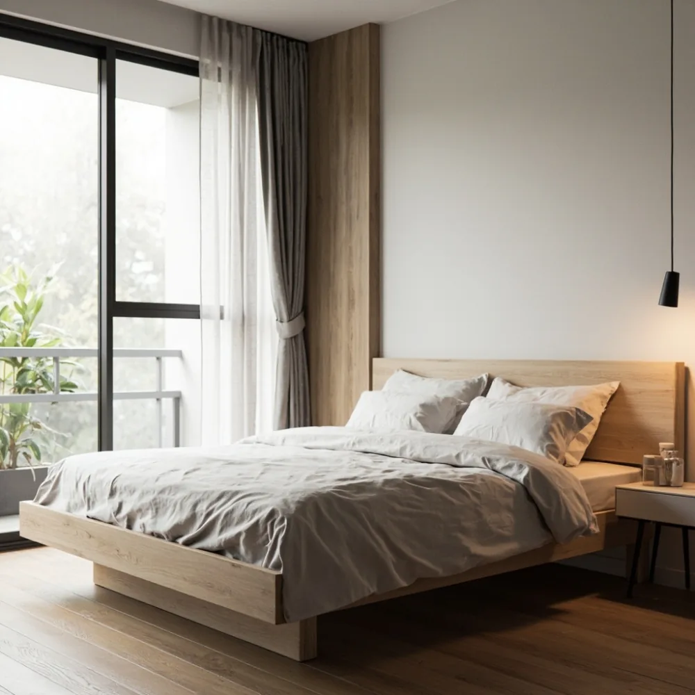 Rangka katil postmoden minimalis kayu oak putih matte di bilik condominium Georgetown Pulau Pinang