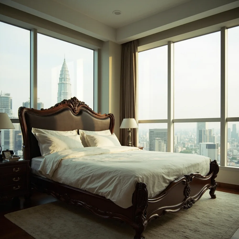 Rangka katil mewah gaya Perancis di kondominium Kuala Lumpur dengan headboard mahogani ukir