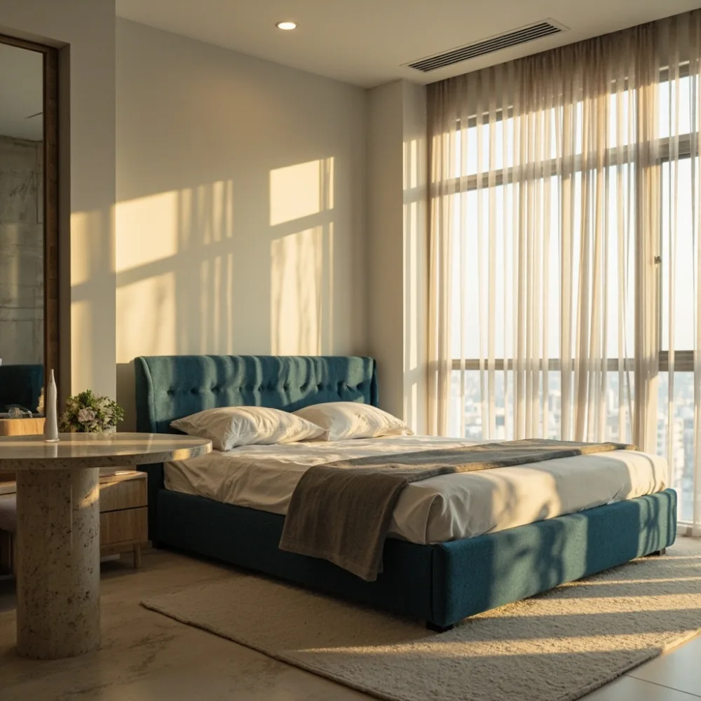 Set bilik postmoden dengan rangka katil boucle biru dan meja makan travertin di kondominium Johor Bahru